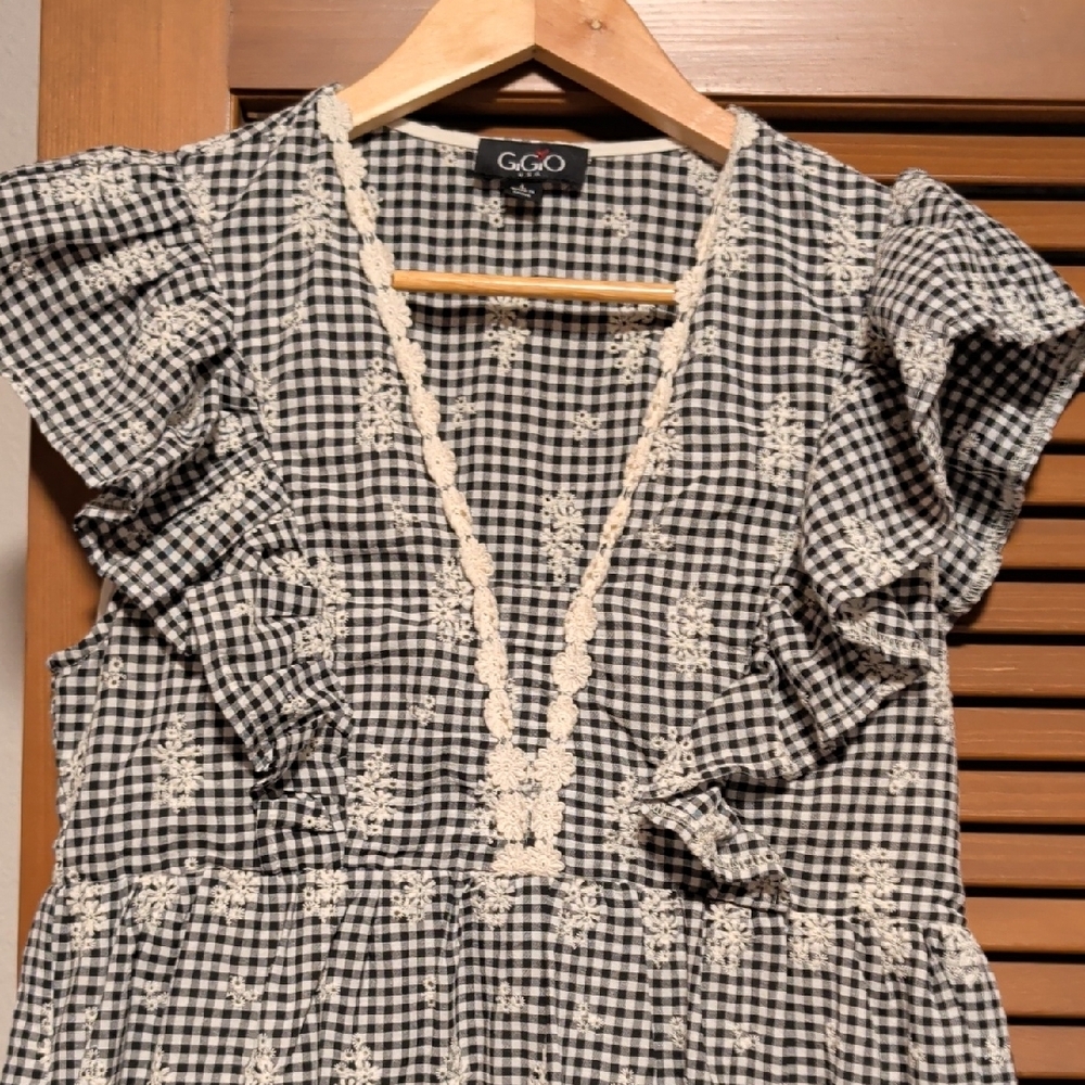 Black and White Gingham Tiered Midi Dress with Ruffle Sleeves